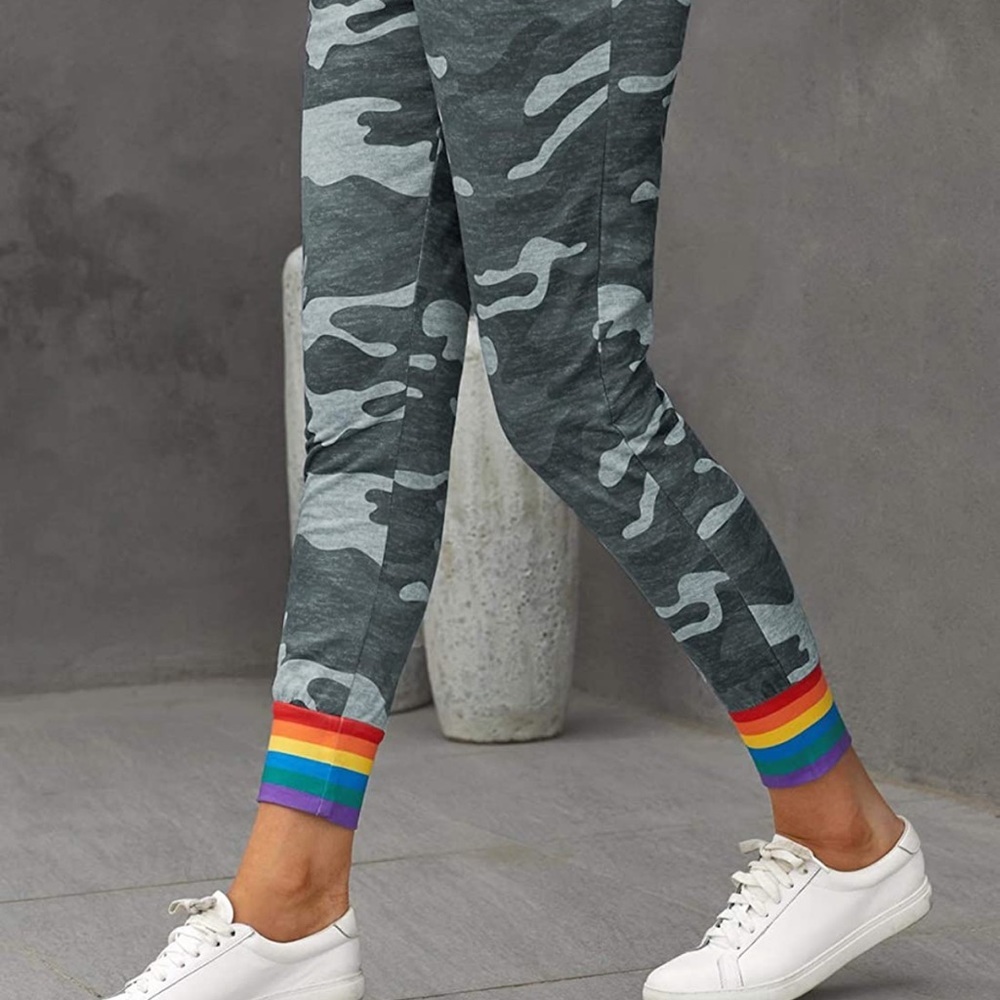 Women Rainbow Stripe Camo Joggers Yoga Pants Drawstring Waist Pants with Pocket - Picture 5 of 5